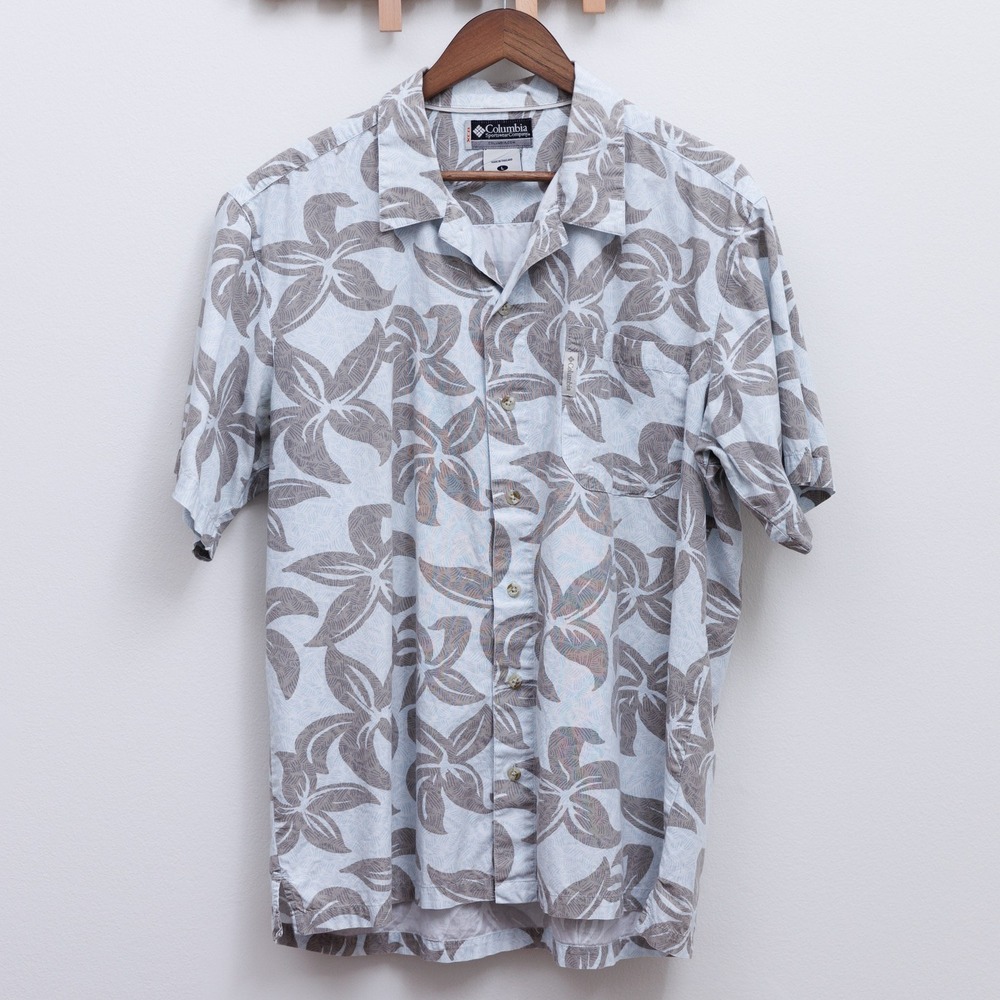 Columbia Mens Floral Tropical Short Sleeve Button Down Shirt Blue Grey Size L